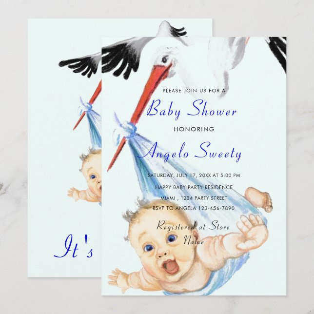 It's a Boy Stork Carrying Baby Shower Invitation (Front/Back)