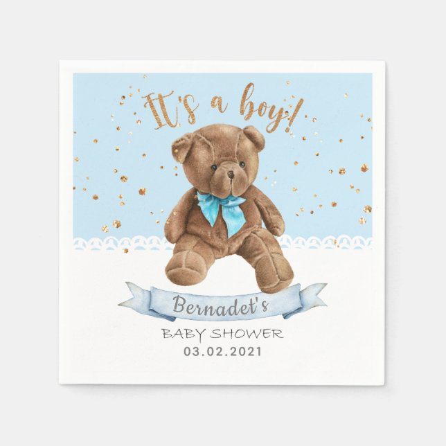 It's a boy! Teddy Bear Baby Shower Napkin (Front)