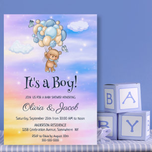 It's a Boy! Teddy Bear Blue Balloons Baby Shower Invitation