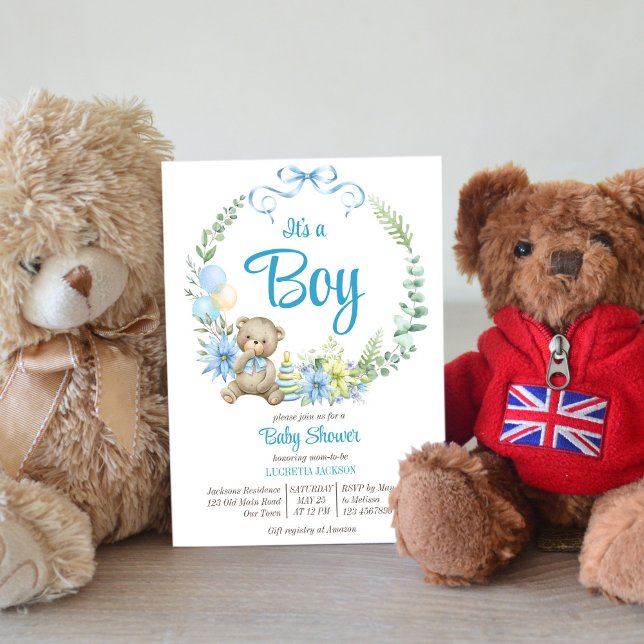 It's a boy teddy bear floral arch baby shower invitation (Creator Uploaded)