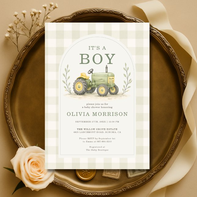 It's a Boy Tractor Gingham Baby Shower Invitation (Creator Uploaded)