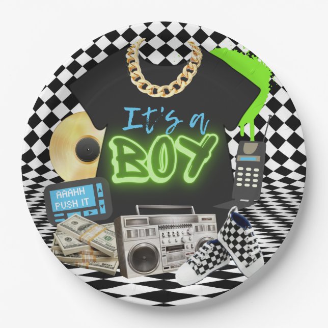 It's a Boy| Urban Retro Hip Hop Baby Shower BOY Paper Plate (Front)