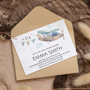 It's a Boy Watercolor Aeroplane Baby Boy Shower Invitation
