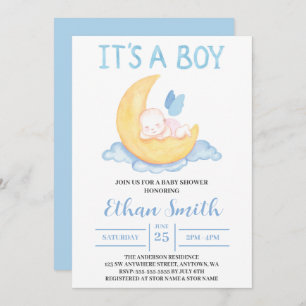 It's a Boy Watercolor Baby Boy On Moon Baby Shower Invitation