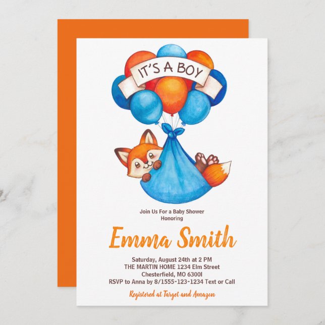It's a Boy Watercolor Fox Baby Shower Invitation (Front/Back)