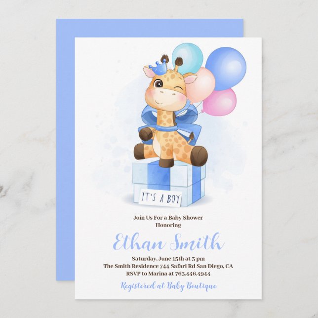 It's a Boy Watercolor Giraffe Baby Shower  Invitation (Front/Back)