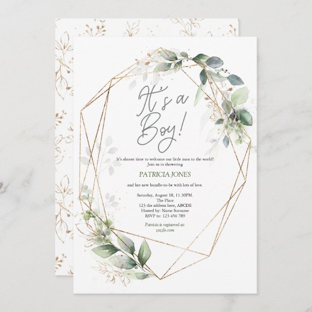 Its a boy, Watercolor, Greenery, Baby Shower Invitation (Front/Back)