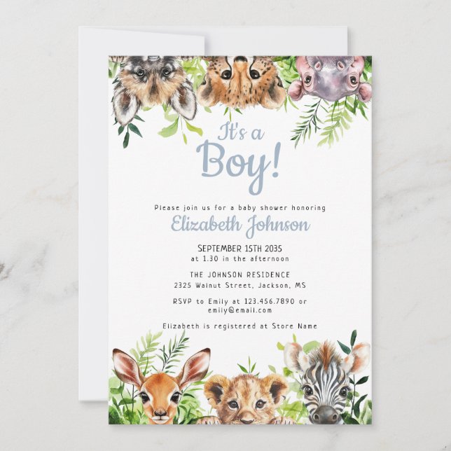 It's A Boy Watercolor Safari Animals Baby Shower Invitation (Front)