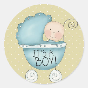 It's a Boy! Whimsical Blue Baby Carriage Classic Round Sticker