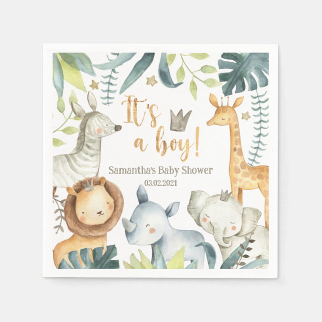 It's a boy Wild Giraffe Zebra Elephant Baby Shower Napkin (Front)