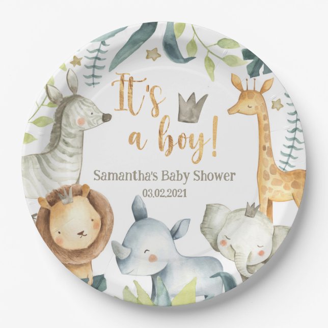 It's a boy Wild Giraffe Zebra Elephant Baby Shower Paper Plate (Front)
