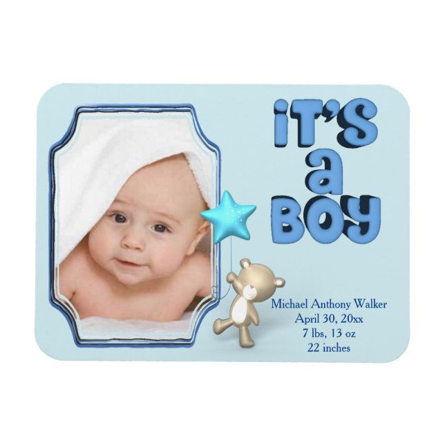 It's A Boy With Photo, Information and Baby Bear Magnet (Horizontal)