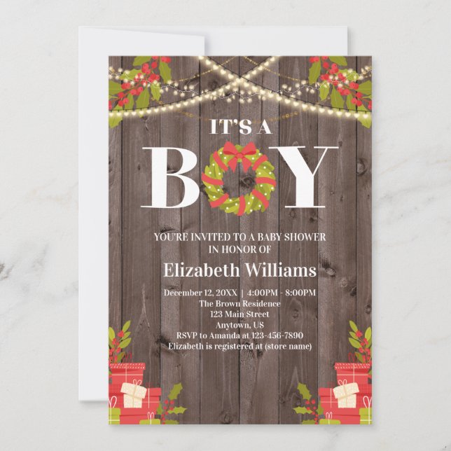 It's A Boy Wood Wreath Christmas Baby Shower Invitation (Front)