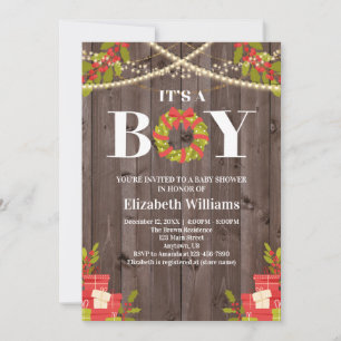 It's A Boy Wood Wreath Christmas Baby Shower Invitation