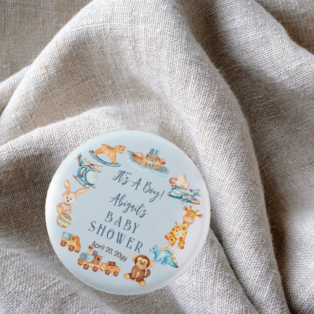 It's A Boy Wooden | Stuffed Toys Baby Shower 3 Cm Round Badge (Wooden and Stuffed Toys "It's A Boy" Blue Baby Shower Buttons)