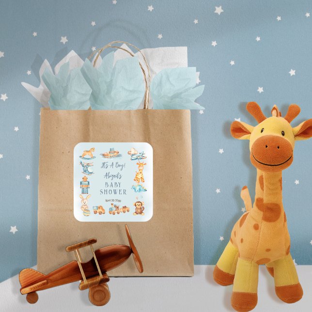It's A Boy Wooden | Stuffed Toys Baby Shower Square Sticker (Creator Uploaded)
