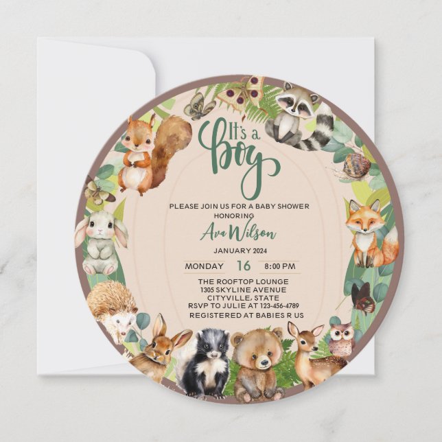 it's a boy woodland animals forest baby shower invitation (Front)