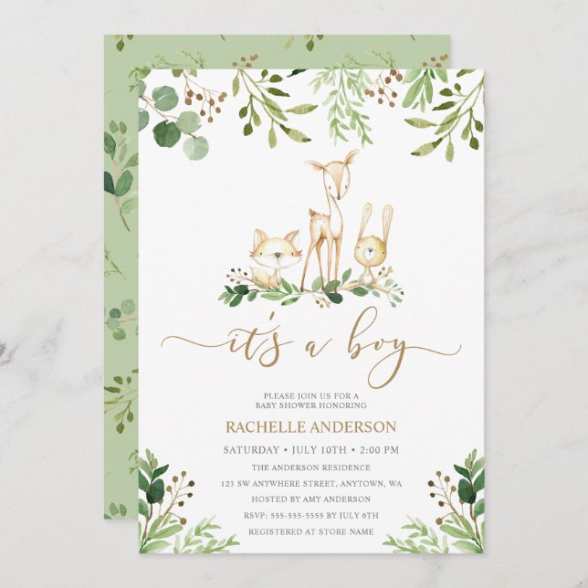 It's a Boy Woodland Animals Greenery Baby Shower Invitation (Front/Back)