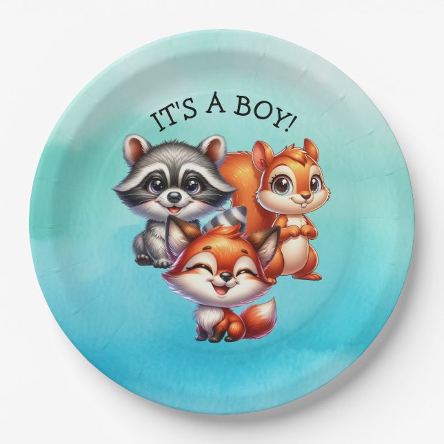 It's a Boy | Woodland Creatures Baby Shower Paper Plate (Front)