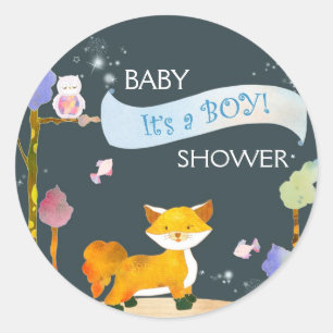 It's a BOY Woodland Fox Baby Shower Classic Round Sticker