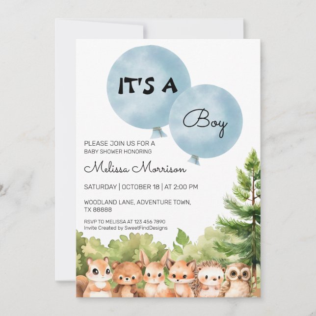 It's A Boy Woodland Friends Baby Boy Shower Invitation (Front)