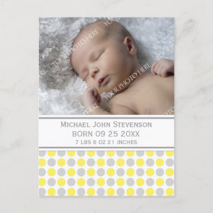 It's a Boy Yellow Grey Dots New Baby Announcement Postcard