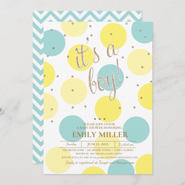 It's a Boy - Yellow, Turquoise & Gold Baby Shower Invitation (Front/Back)