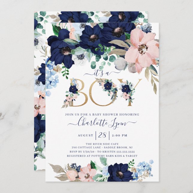 It's A BoyNavy Blue & Blush Floral Baby Shower Invitation (Front/Back)