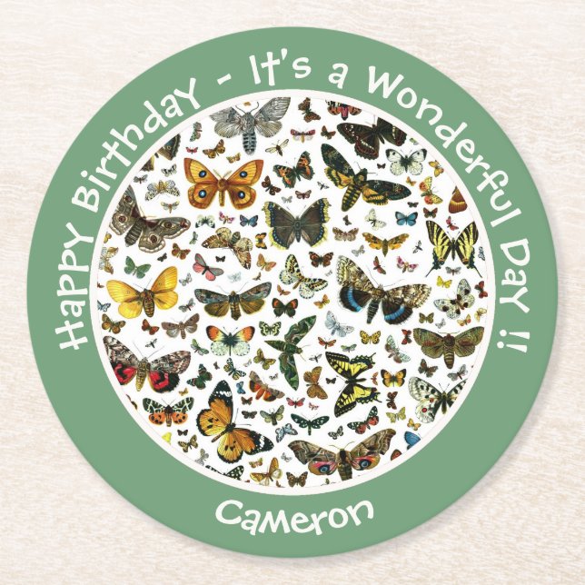 It's a Butterfly Birthday, Collage Items for Party Round Paper Coaster (Front)
