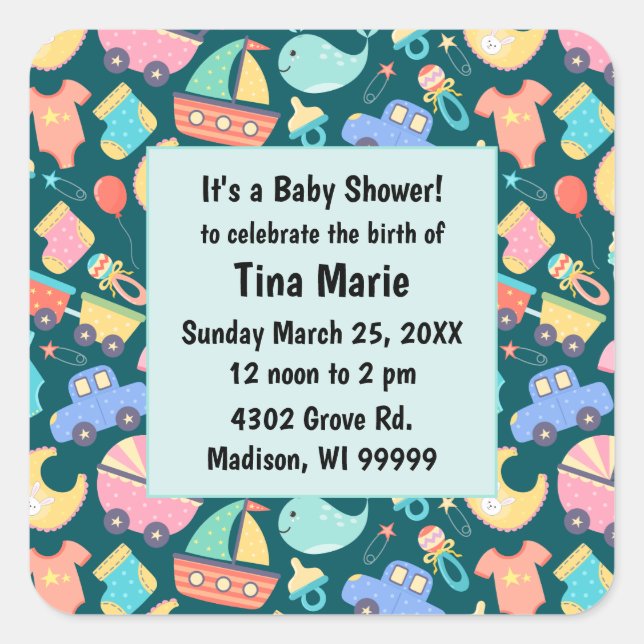 It's a Colourful Baby Shower Dark Save the Date Square Sticker (Front)