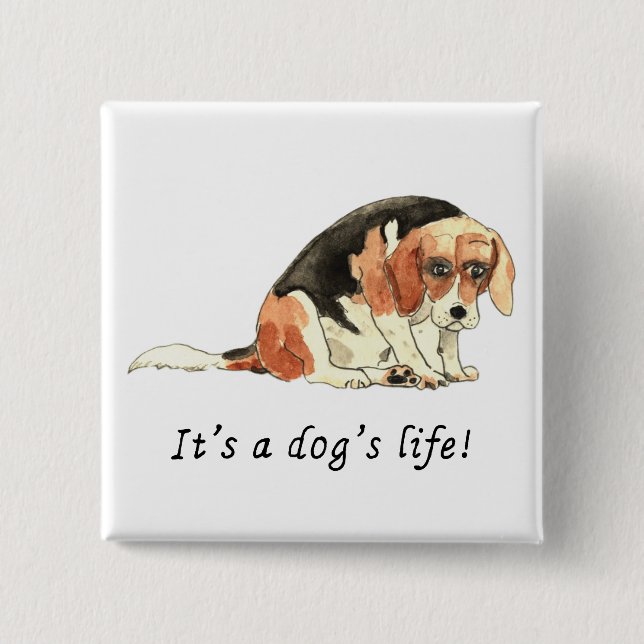 Its a dogs life Funny Cute Sad Beagle Art Humour 15 Cm Square Badge (Front)