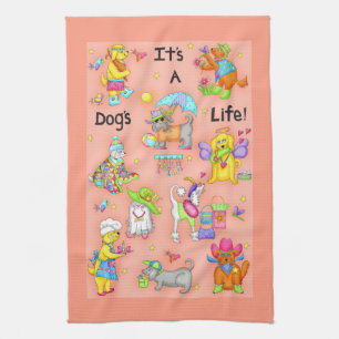 Its a Dogs Life Whimsy Funny Dogs Coral Orange Tea Towel