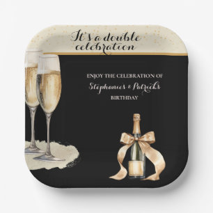 It's a Double Celebration Black Champagne Birthday Paper Plate