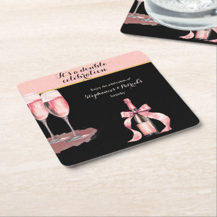 It's a Double Celebration Black Champagne Birthday Square Paper Coaster