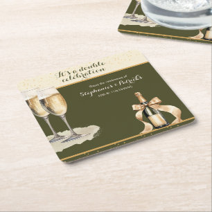 It's a Double Celebration Green Champagne Birthday Square Paper Coaster