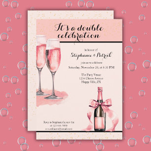 It's a Double Celebration Pink Champagne Birthday Invitation