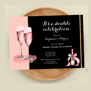 It's a Double Celebration Pink Champagne Birthday Invitation