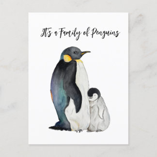 It's a family of penguins watercolor drawing postcard