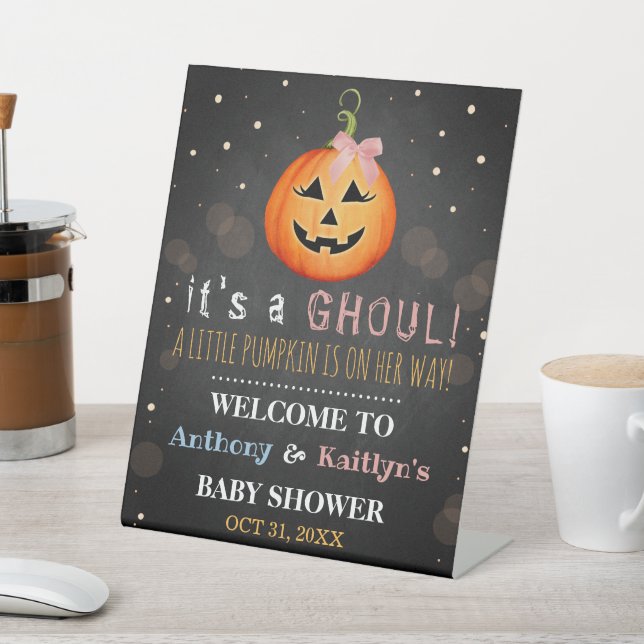 It's A Ghoul! Little Pumpkin Halloween Baby Shower Pedestal Sign (In SItu)
