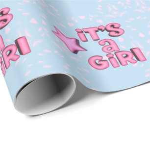 It's A Girl 3D Text Star Wrapping Paper
