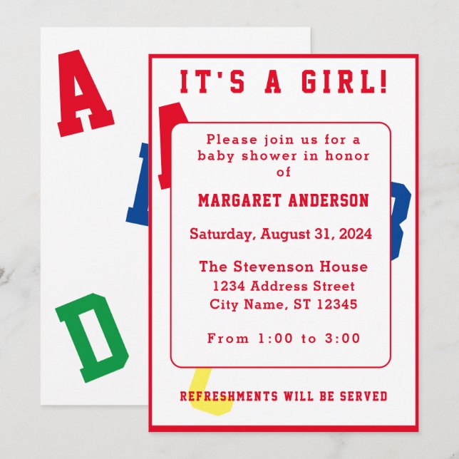 It's a Girl ABC Themed Invitation (Front/Back)