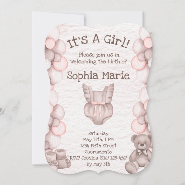 It's A Girl Baby Announcement Shower Invitation (Front)