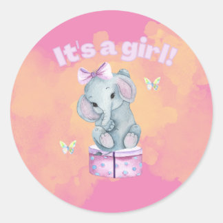 It's a girl! Baby elephant Classic Round Sticker