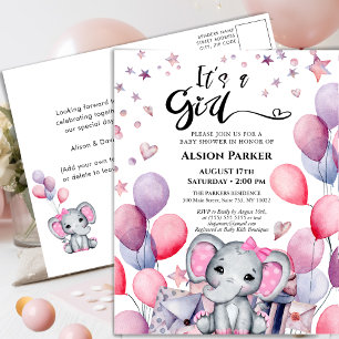 It's a Girl Baby Elephant Pink Balloon Baby Shower Invitation Postcard