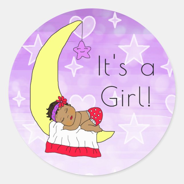 It's a Girl , Baby Girl on Moon Purple Ethnic Classic Round Sticker (Front)