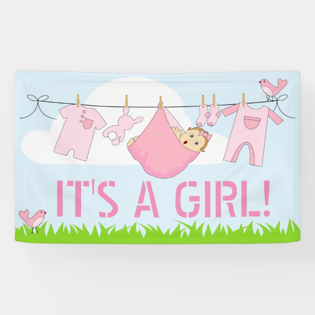 IT'S A GIRL! (BABY IN CLOTHESLINE PINK DESIGN ) BANNER (Horizontal)