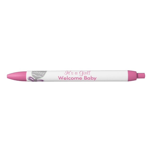 It's A Girl Baby Rattle Pink Star Bow Announcement Black Ink Pen (Front)