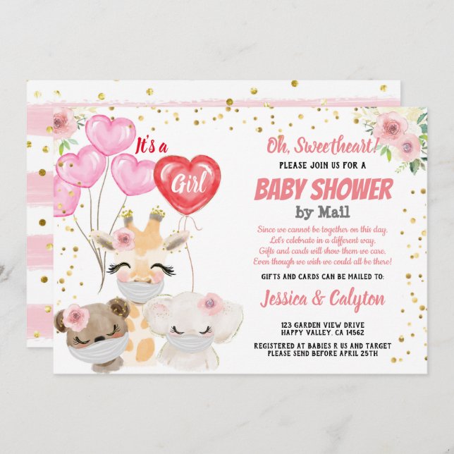 It's a Girl Baby Shower By Mail Cute Animals Masks Invitation (Front/Back)