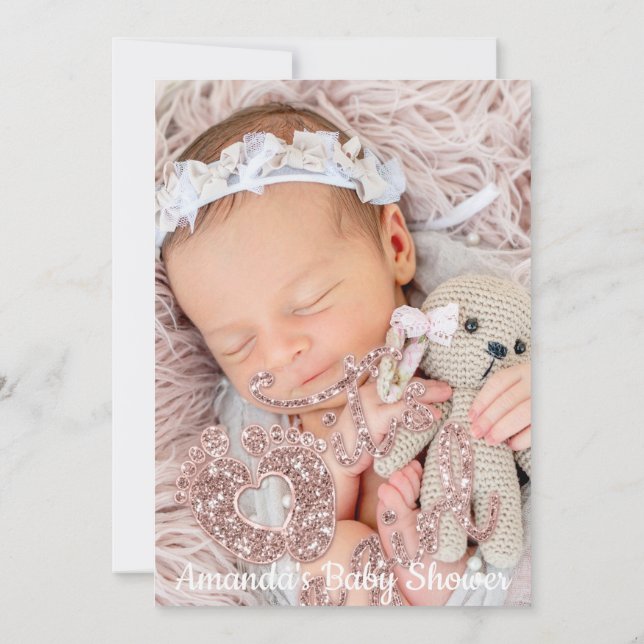 It's A Girl Baby Shower Custom Photo Rose Spark Invitation (Back)