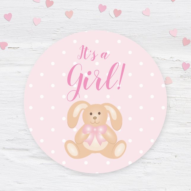 It's a Girl Baby Shower Cute Pink Bunny Rabbit Classic Round Sticker (Creator Uploaded)